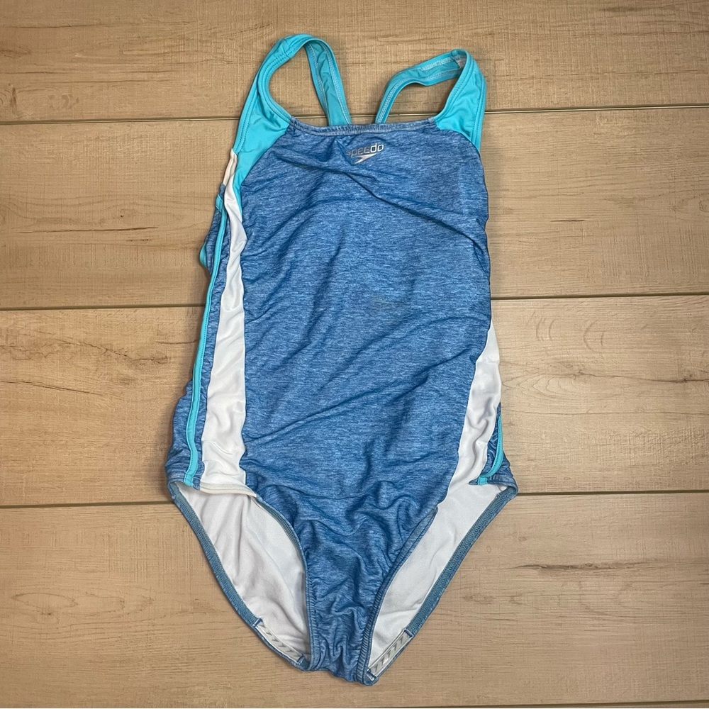 Speedo Girls Blue Teal and White One Piece Swimsuit Size 14